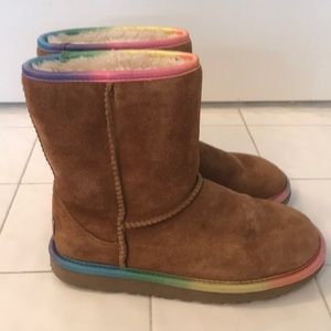 Brown UGG boots with rainbow trim